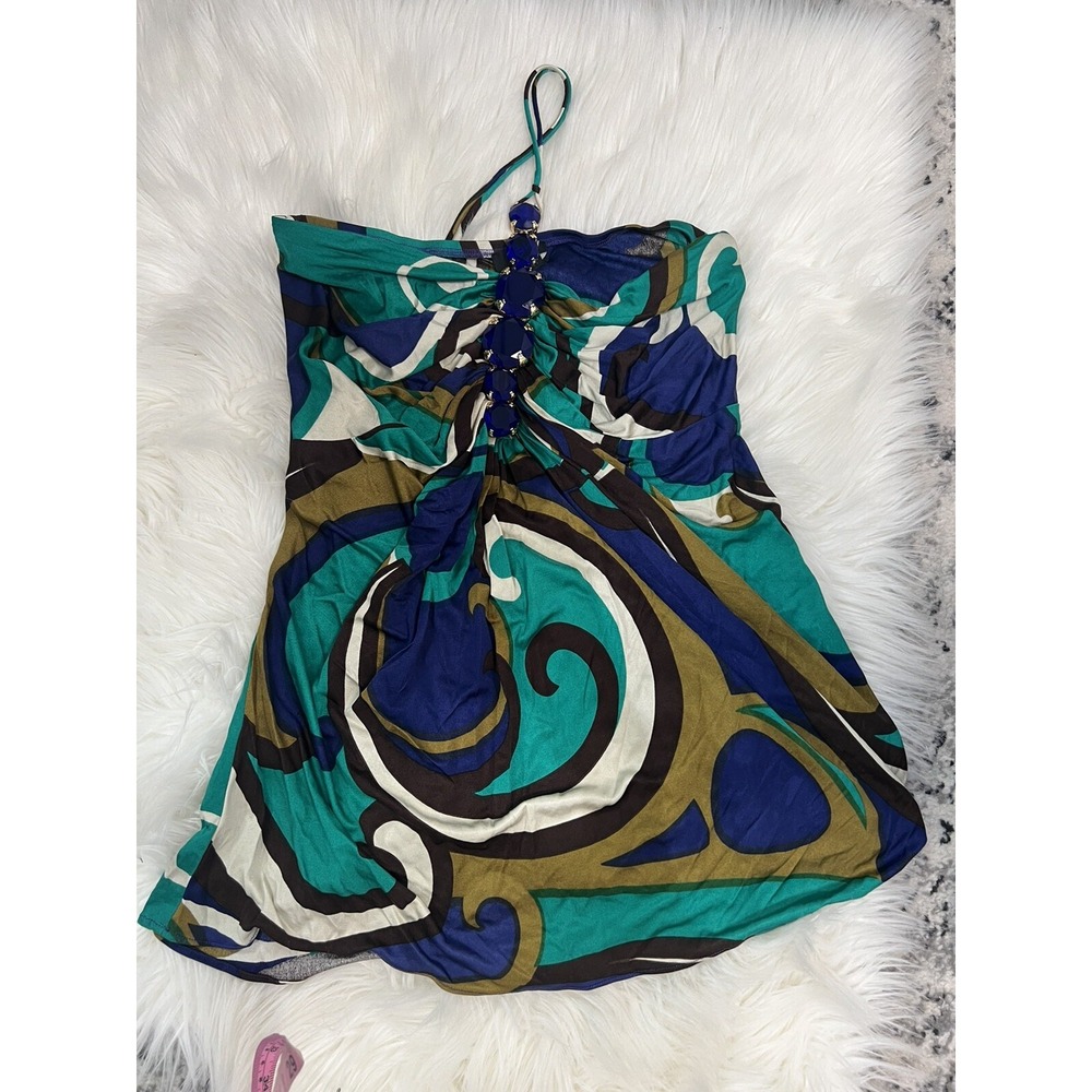 Sky Silk Halter Top Blue Jewel Accents Resort Night Club Multicolor Swirl L - Picture 5 of 10